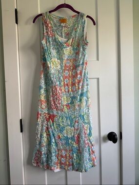 Ruby Rd. Sleeveless Patchwork Floral Midi Dress in Aqua, Coral & Yellow